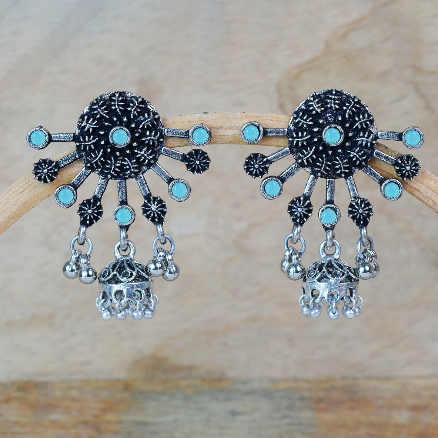 Mint Stone Studded Semicircular Oxidized Earrings With Hanging Jhumki