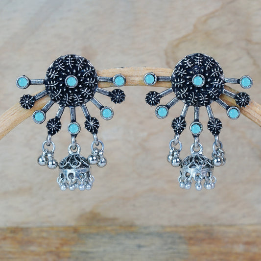 Mint Stone Studded Semicircular Oxidized Earrings With Hanging Jhumki