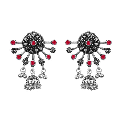Dark Red Stone Studded Semicircular Oxidised Earrings With Hanging Jhumki