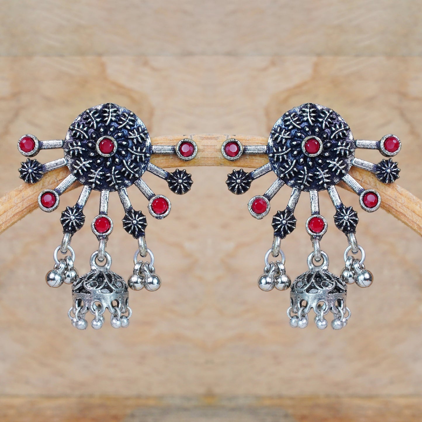 Dark Red Stone Studded Semicircular Oxidised Earrings With Hanging Jhumki