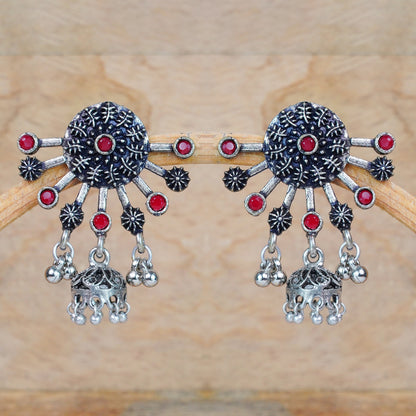 Dark Red Stone Studded Semicircular Oxidised Earrings With Hanging Jhumki