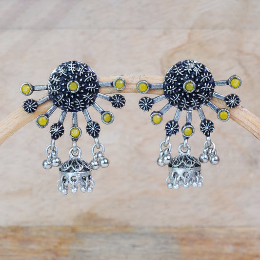 Yellow Stone Studded Semicircular Oxidized Earrings With Hanging Jhumki