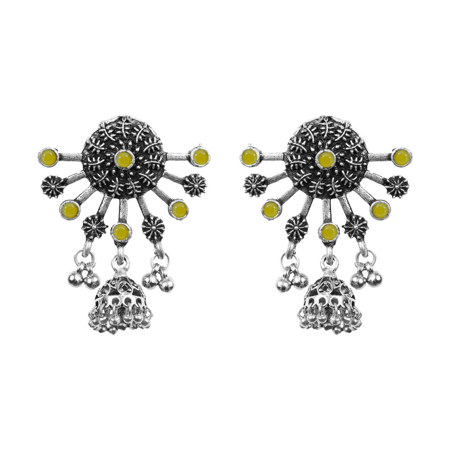 Yellow Stone Studded Semicircular Oxidized Earrings With Hanging Jhumki