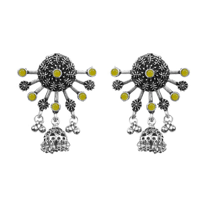 Yellow Stone Studded Semicircular Oxidized Earrings With Hanging Jhumki