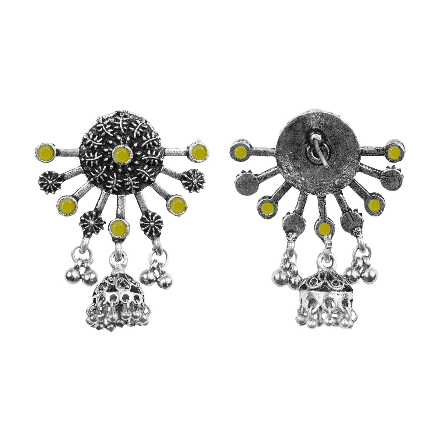 Yellow Stone Studded Semicircular Oxidized Earrings With Hanging Jhumki