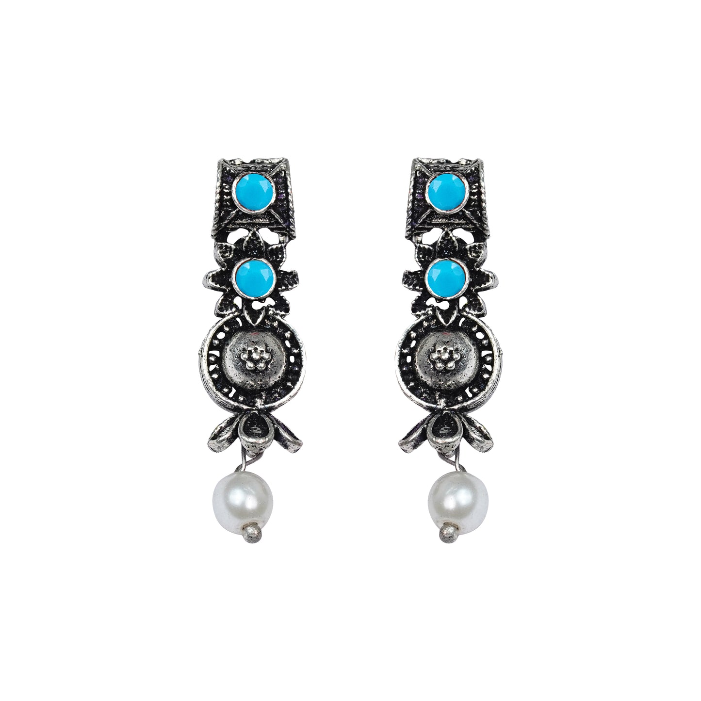 Sky Blue Stone Studded Beautiful Oxidised Studs With Hanging Pearl