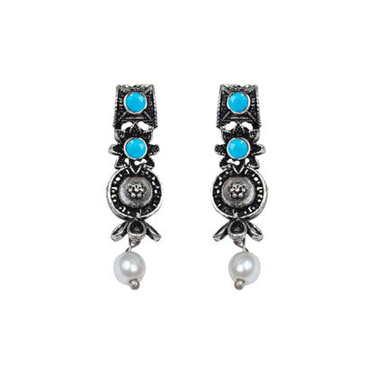 Sky Blue Stone Studded Beautiful Oxidised Studs With Hanging Pearl