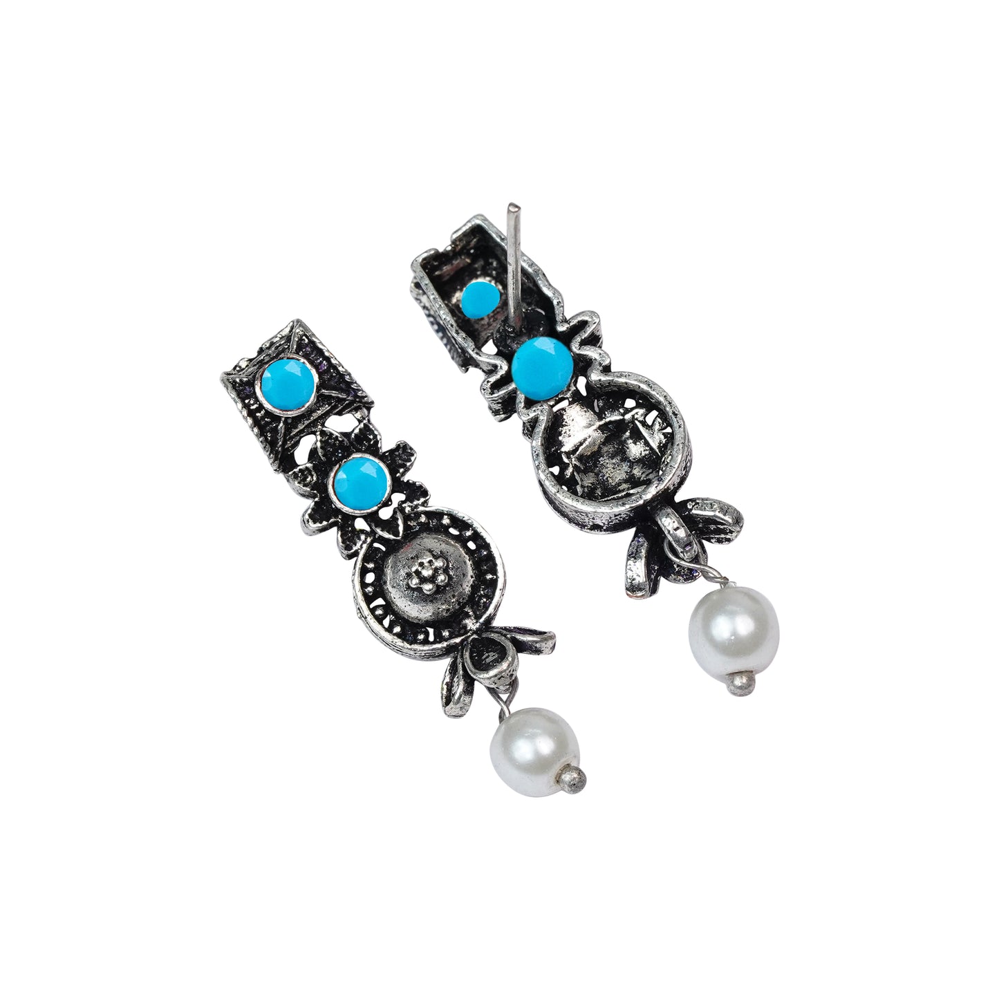 Sky Blue Stone Studded Beautiful Oxidised Studs With Hanging Pearl