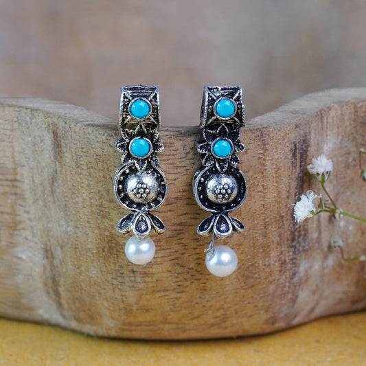 Sky Blue Stone Studded Beautiful Oxidised Studs With Hanging Pearl