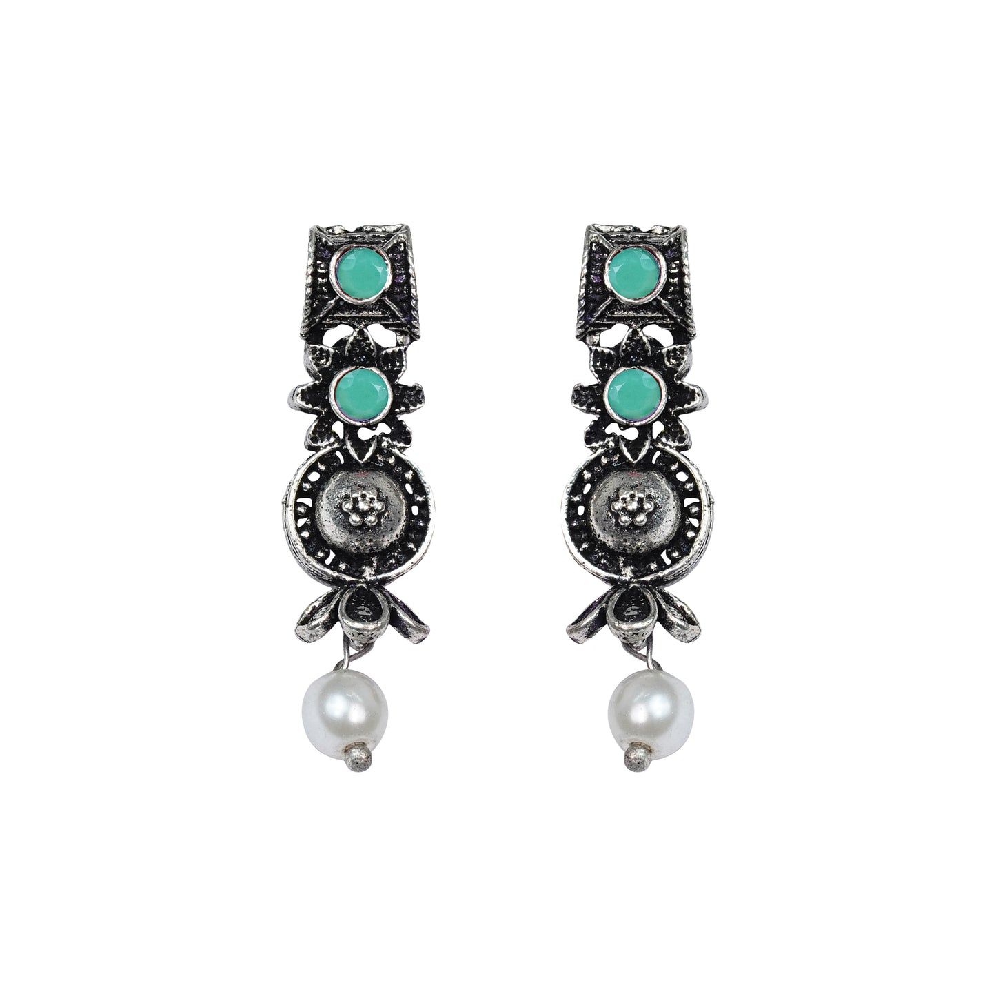 Pista Stone Studded Beautiful Oxidised Studs With Hanging Pearl