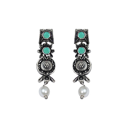 Pista Stone Studded Beautiful Oxidised Studs With Hanging Pearl