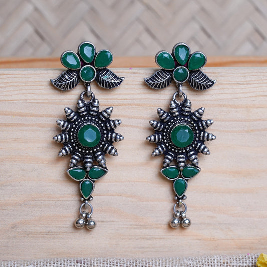 Green Stone Studded Oxidised Earrings