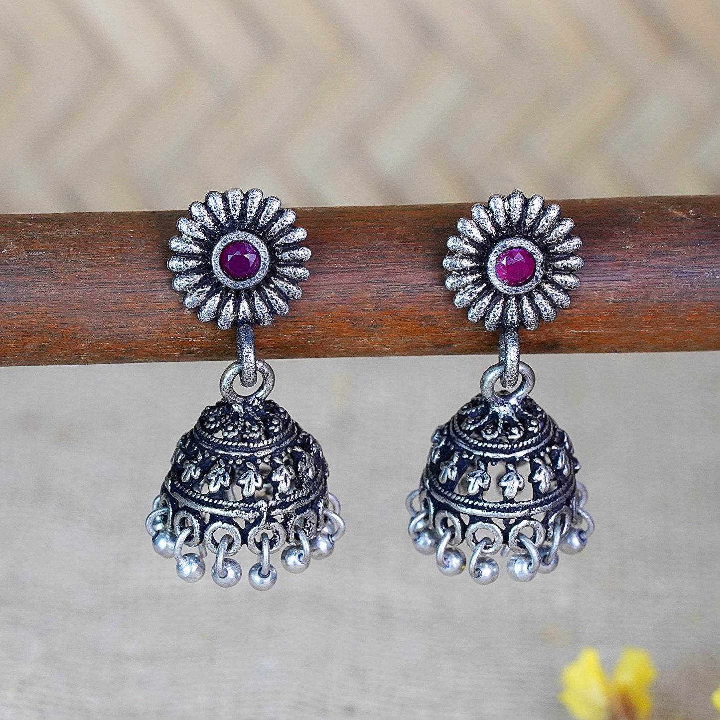 Dark Maroon Stone Studded Tiny Earrings With Hanging Jhumki