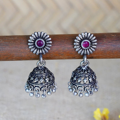 Dark Maroon Stone Studded Tiny Earrings With Hanging Jhumki