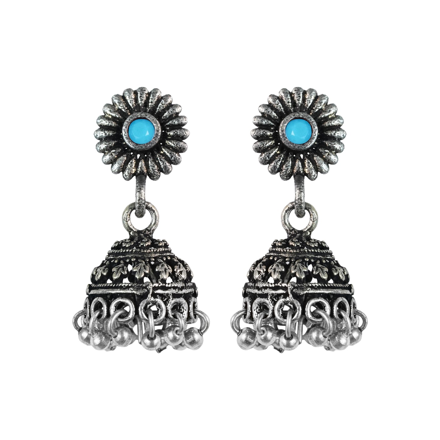 Sky Blue Stone Studded Tiny Earrings With Hanging Jhumki