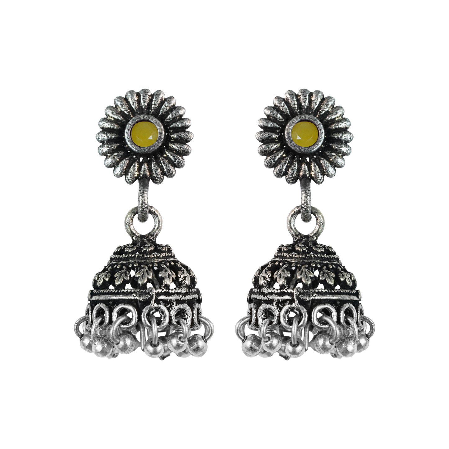 Yellow Stone Studded Tiny Earrings With Hanging Jhumki