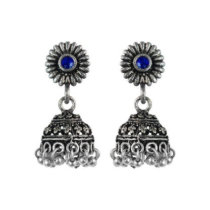 Blue Stone Studded Tiny Earrings With Hanging Jhumki