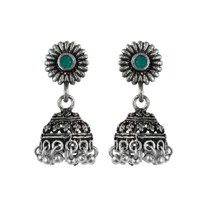 Green Stone Studded Tiny Earrings With Hanging Jhumki
