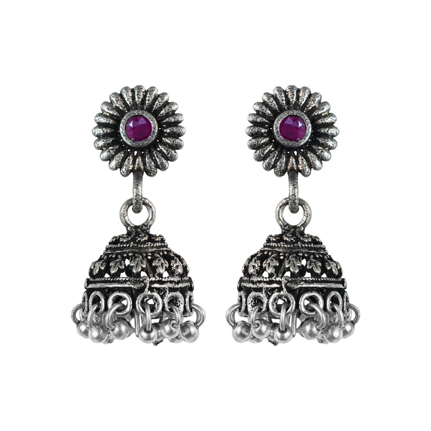 Dark Maroon Stone Studded Tiny Earrings With Hanging Jhumki