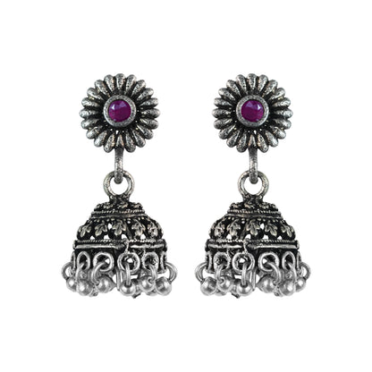 Dark Maroon Stone Studded Tiny Earrings With Hanging Jhumki