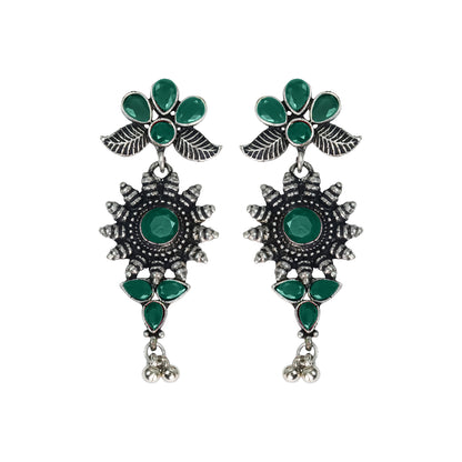 Green Stone Studded Oxidised Earrings