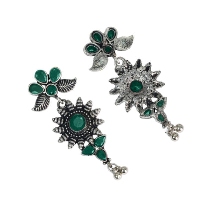 Green Stone Studded Oxidised Earrings
