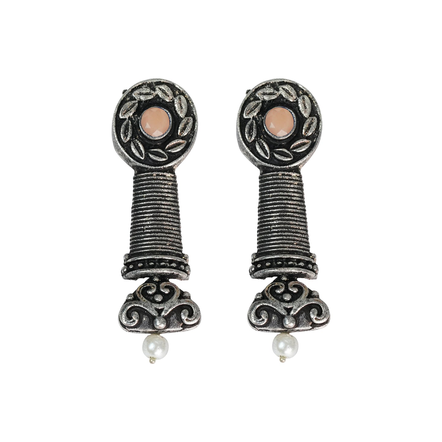 Light Orangish Stone Studded Delicate Oxidised Earrings With Hanging Pearl