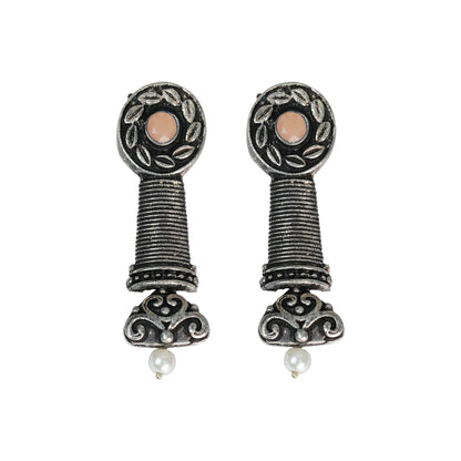 Light Orangish Stone Studded Delicate Oxidised Earrings With Hanging Pearl