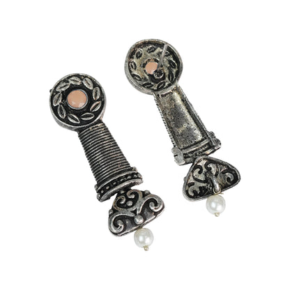 Light Orangish Stone Studded Delicate Oxidised Earrings With Hanging Pearl