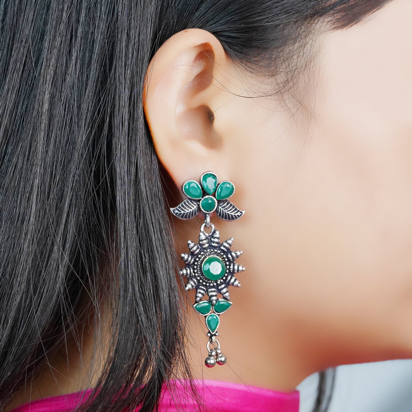 Green Stone Studded Oxidised Earrings