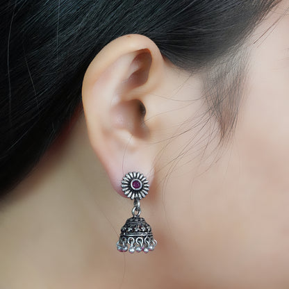 Dark Maroon Stone Studded Tiny Earrings With Hanging Jhumki