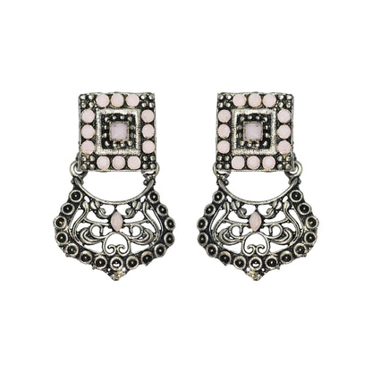 Light Orangish Stone Studded Oxidised Earrings