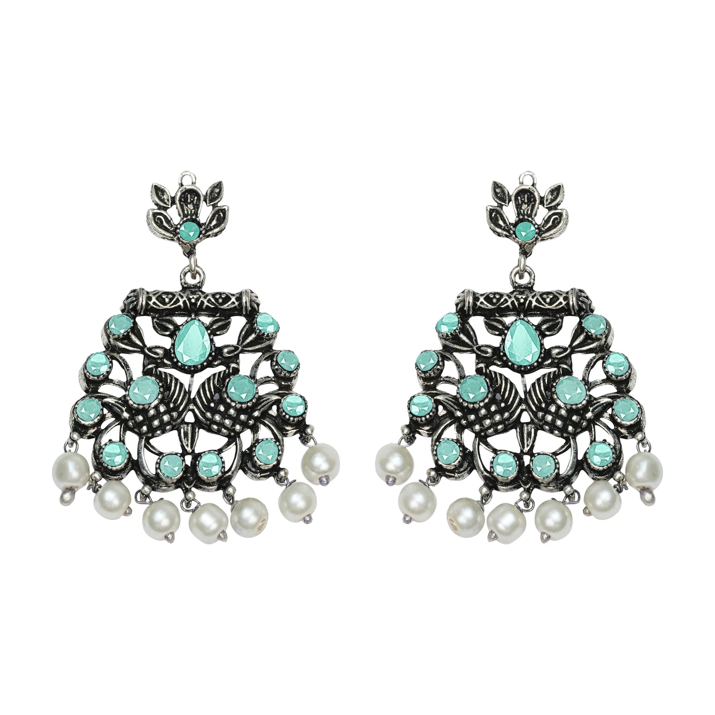 Mint Stone Studded Oxidised Earrings With Hanging Pearls