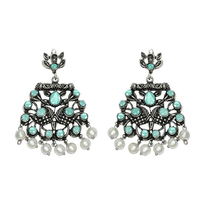 Mint Stone Studded Oxidised Earrings With Hanging Pearls