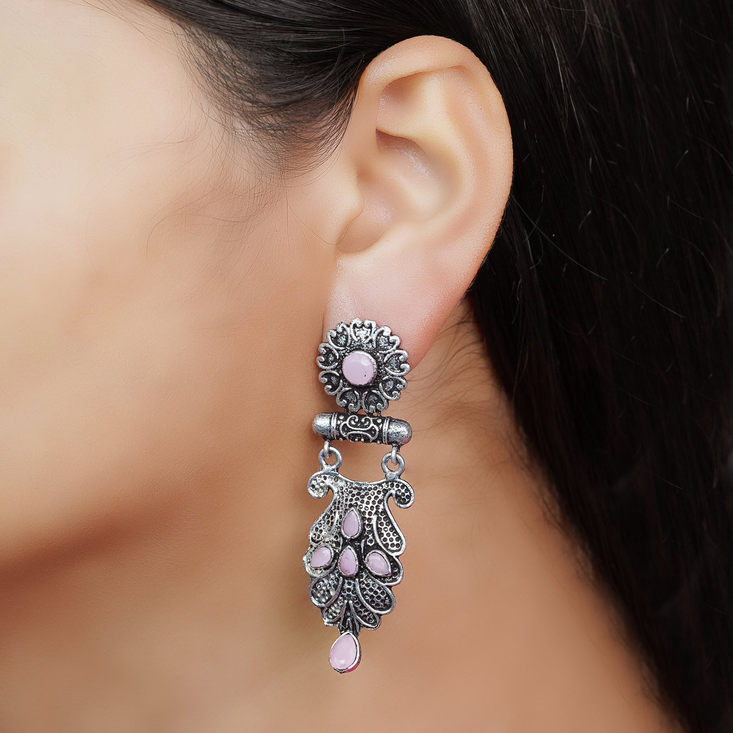 Baby Pink Stone Studded Rajwada Style Oxidised Earrings