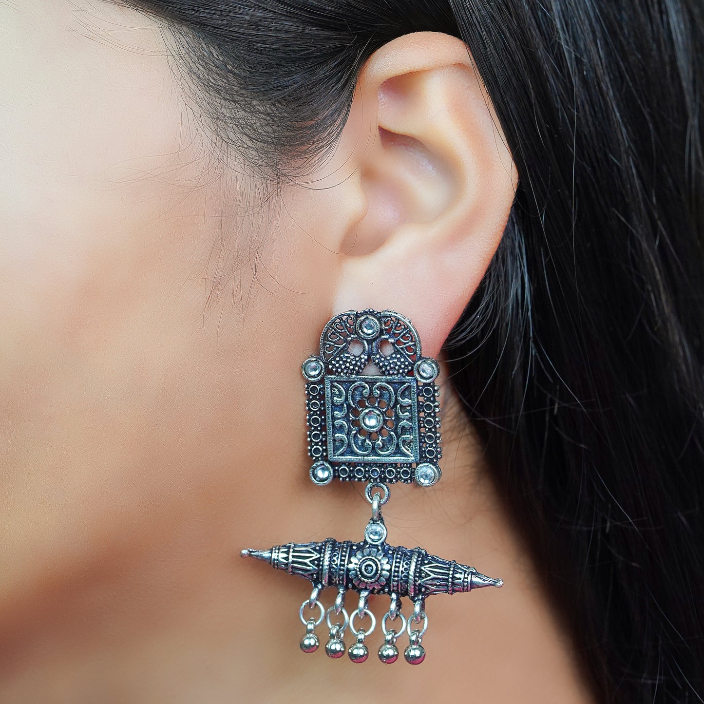 White Stone Studded Oxidised Statement Earrings With Hanging Ghunghuroo