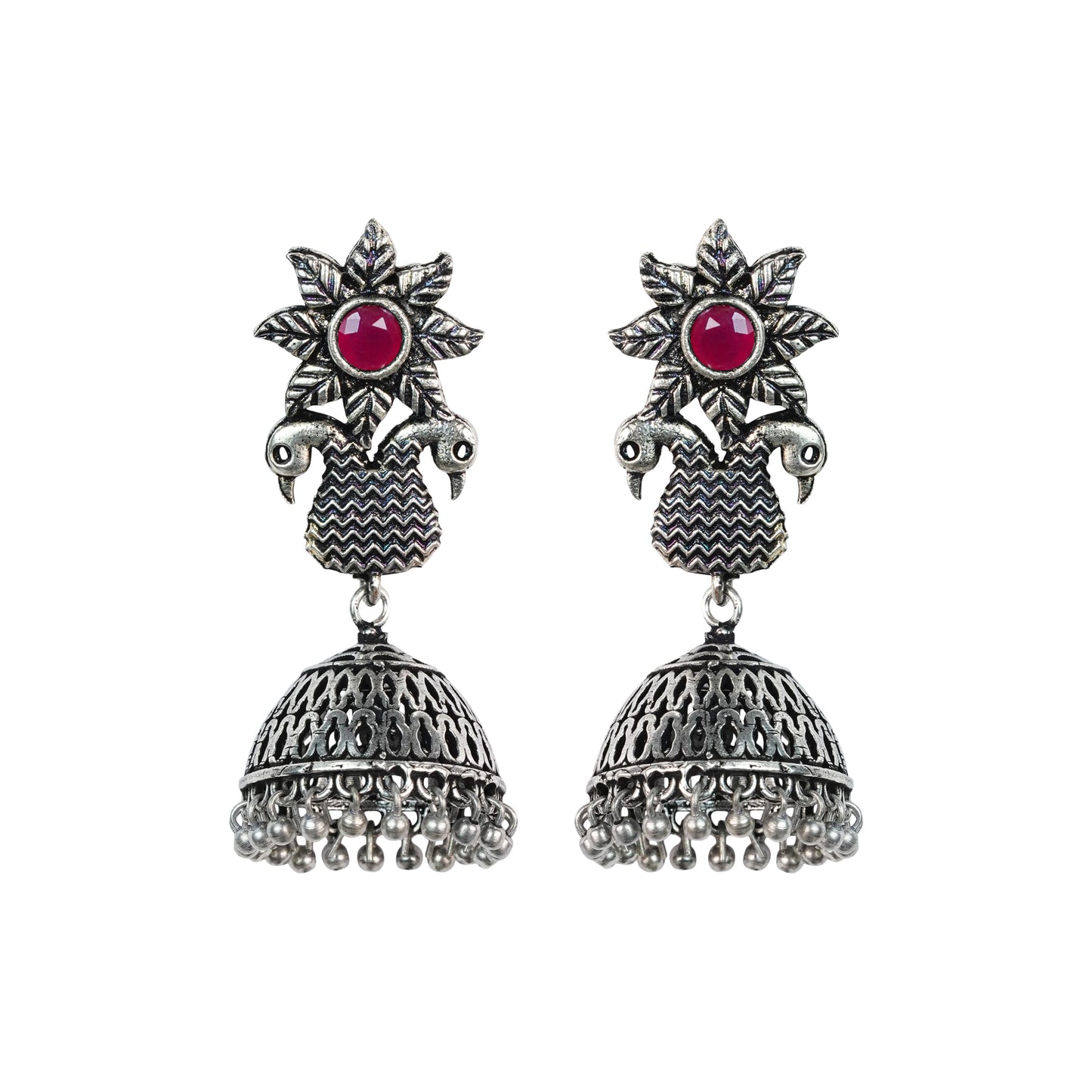 Red Stone Studded Intricate Danglers With Hanging Jhumki