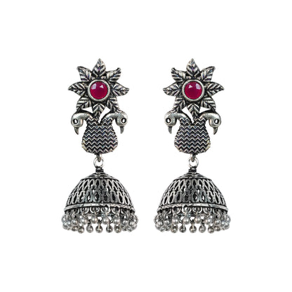Red Stone Studded Intricate Danglers With Hanging Jhumki