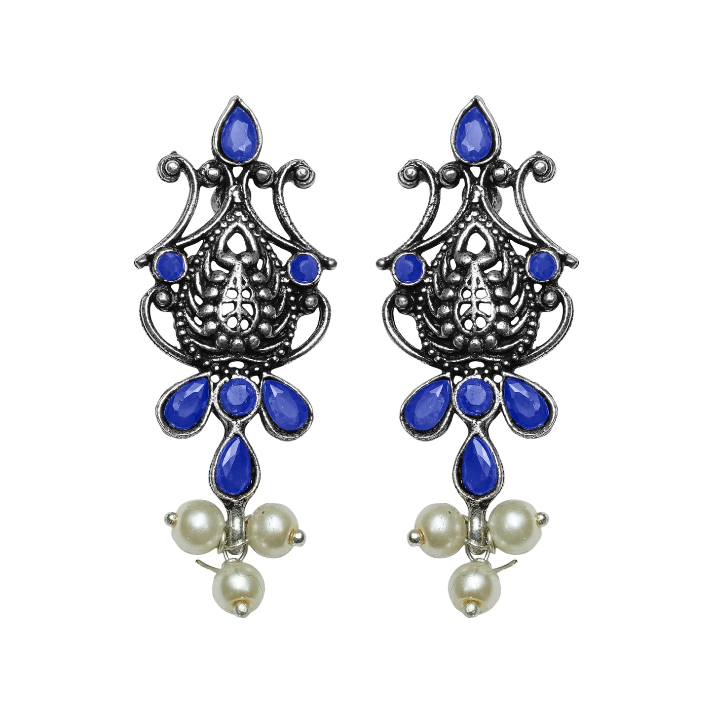 Blue Stone Studded Tiny Earrings With Hanging Pearls