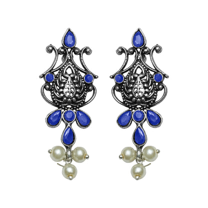 Blue Stone Studded Tiny Earrings With Hanging Pearls