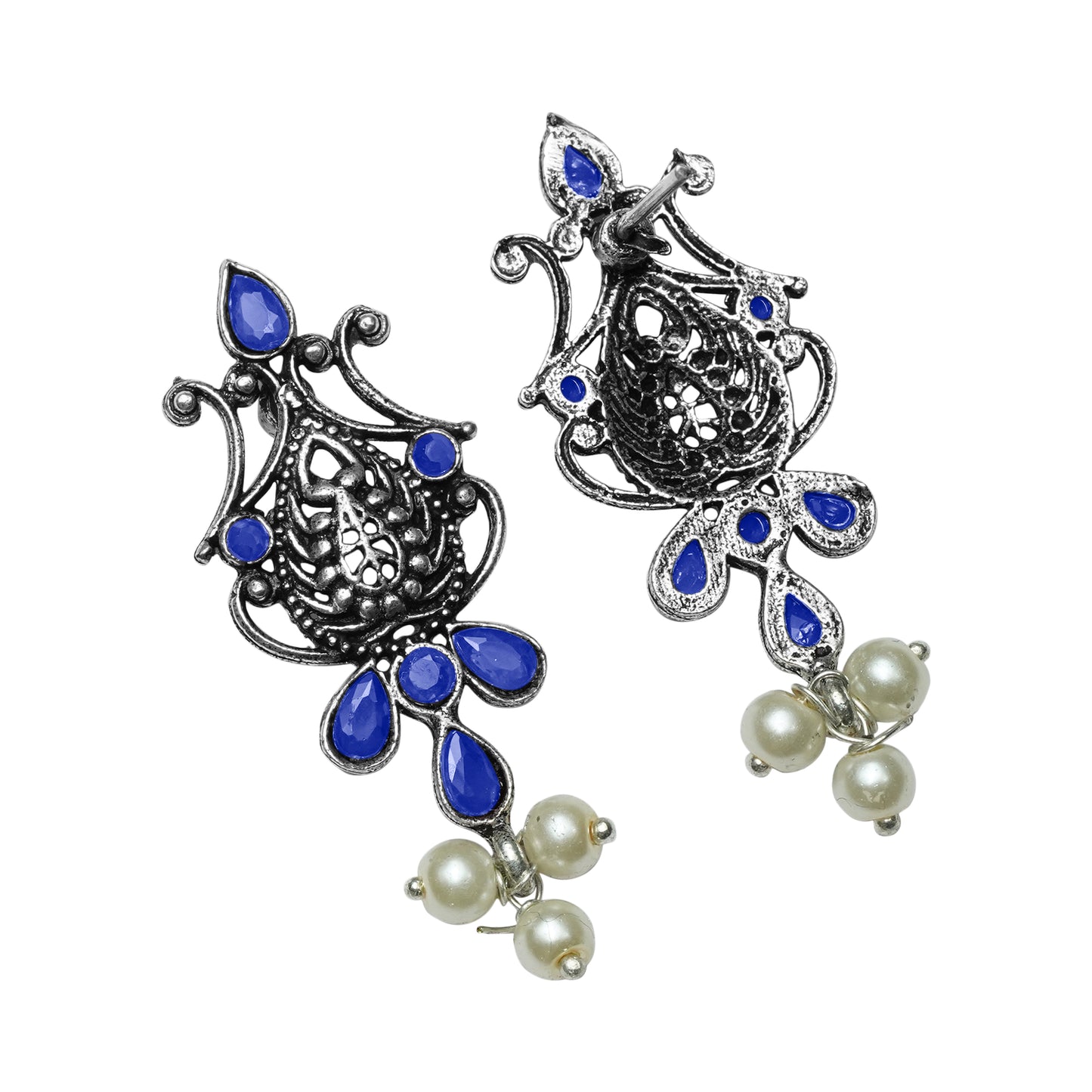 Blue Stone Studded Tiny Earrings With Hanging Pearls