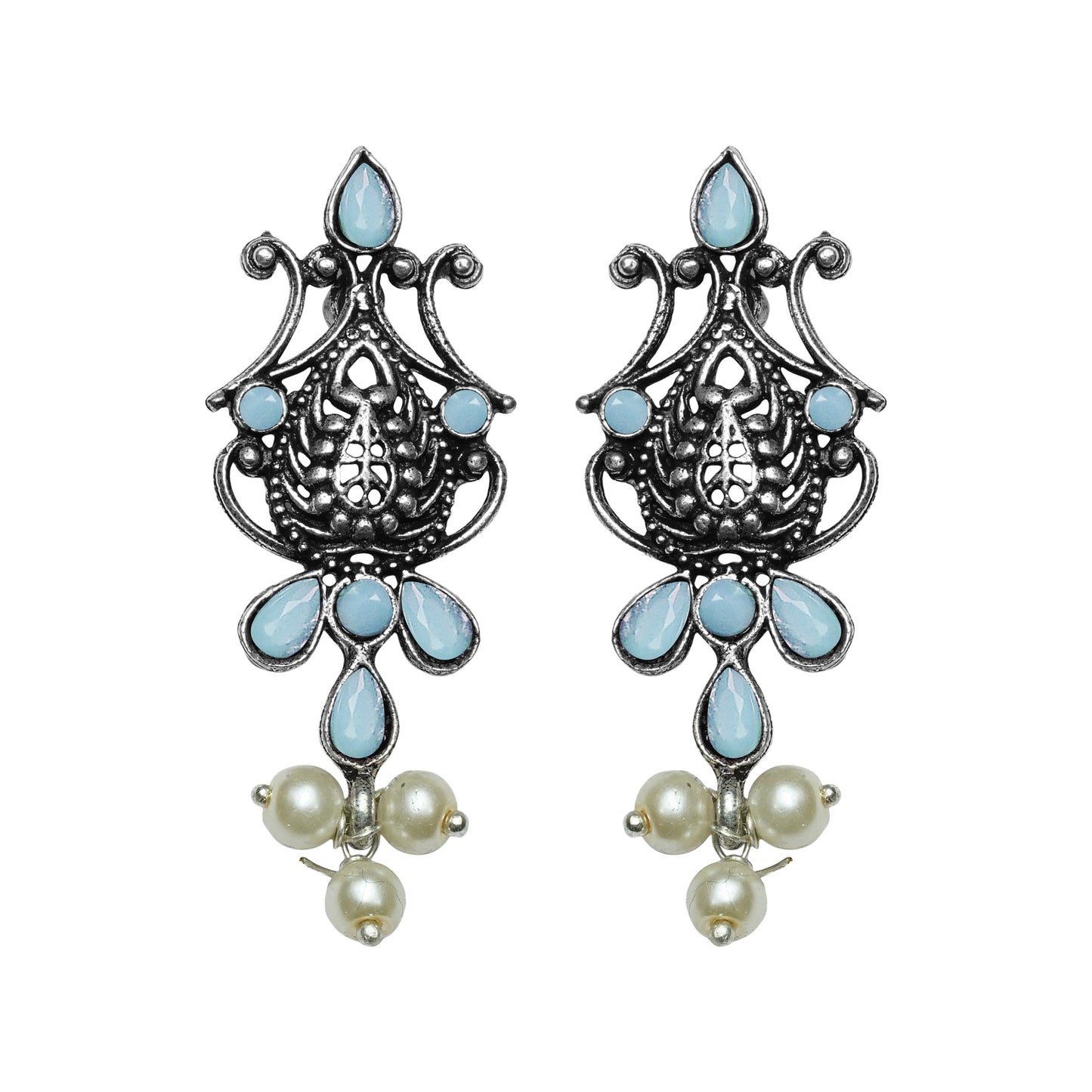 Mint Stone Studded Tiny Earrings With Hanging Pearls