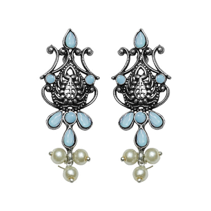 Mint Stone Studded Tiny Earrings With Hanging Pearls