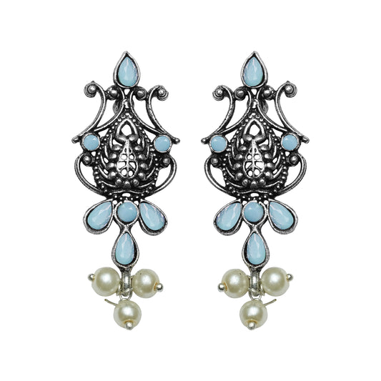 Mint Stone Studded Tiny Earrings With Hanging Pearls