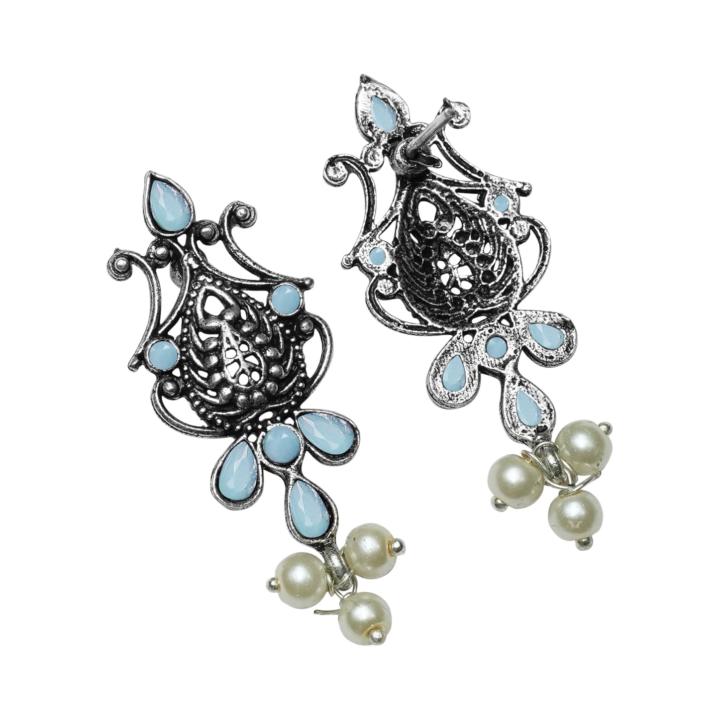 Mint Stone Studded Tiny Earrings With Hanging Pearls