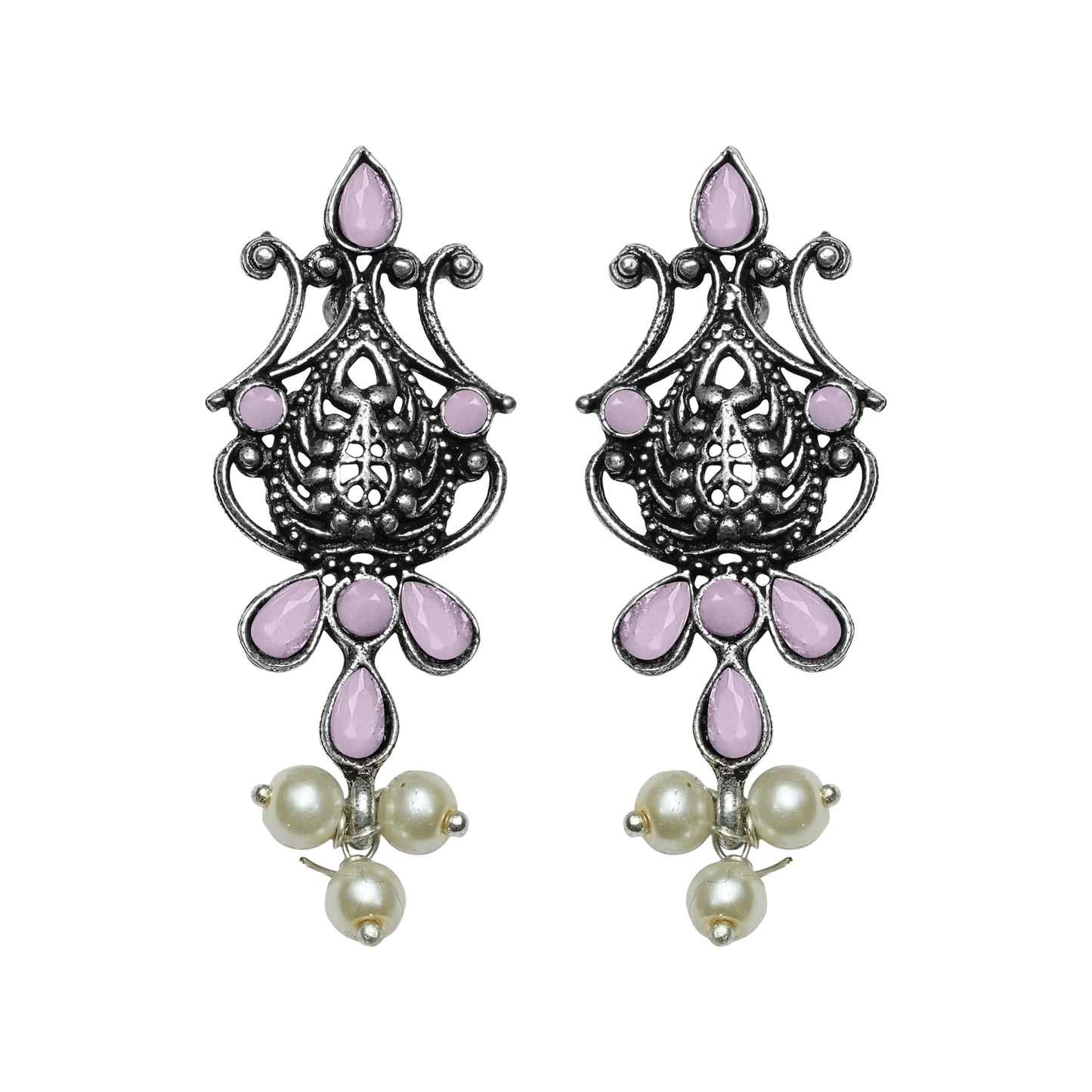 Baby Pink Stone Studded Tiny Earrings With Hanging Pearls