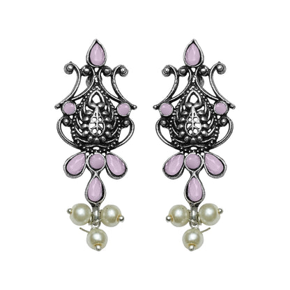 Baby Pink Stone Studded Tiny Earrings With Hanging Pearls
