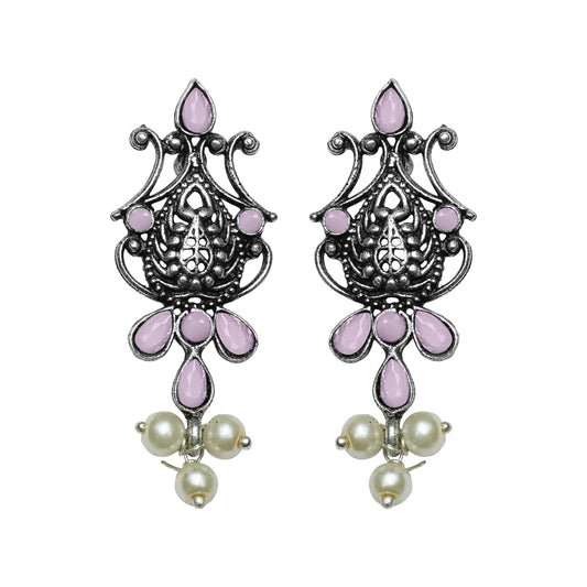 Baby Pink Stone Studded Tiny Earrings With Hanging Pearls