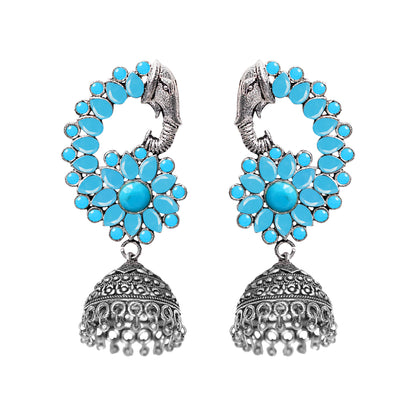 Sky Blue Stone Studded Peacock German Silver Earrings