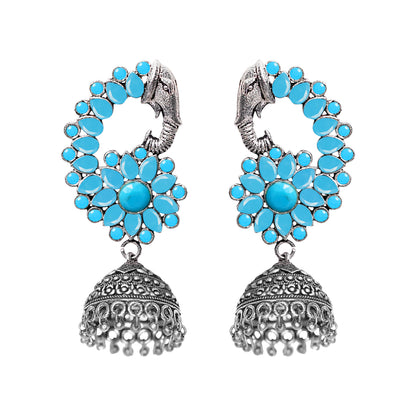 Tusks and twinkle stone studded jhumka earrings (Sky Blue)